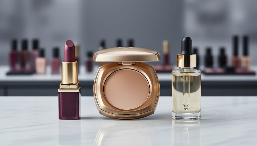 Close-up of luxury skincare and makeup products, including a gold compact and lipstick, arranged on a marble vanity with a softly blurred upscale store background.