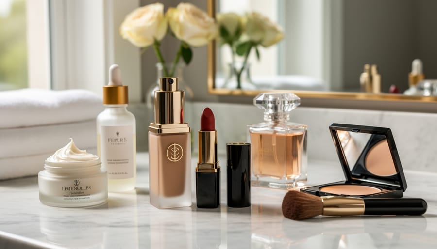 Curated vanity display of high-end skincare bottles and makeup compacts with glass and metal packaging