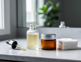 Close-up of a glass CBD serum bottle and amber balm jar on a modern bathroom vanity with soft skincare cotton pads nearby.