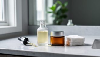 Close-up of a glass CBD serum bottle and amber balm jar on a modern bathroom vanity with soft skincare cotton pads nearby.