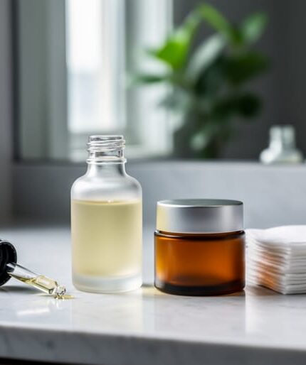 Close-up of a glass CBD serum bottle and amber balm jar on a modern bathroom vanity with soft skincare cotton pads nearby.