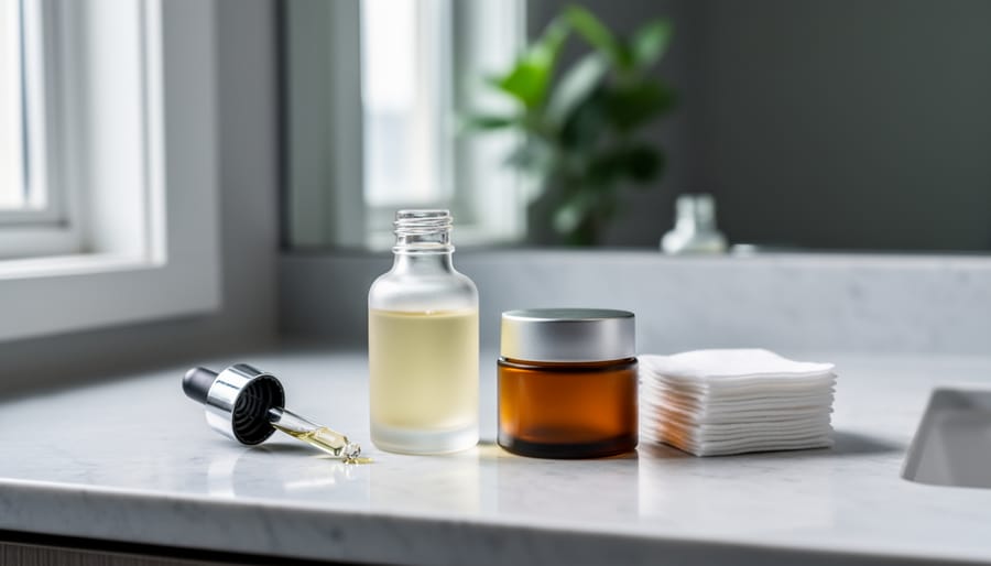 Close-up of a glass CBD serum bottle and amber balm jar on a modern bathroom vanity with soft skincare cotton pads nearby.