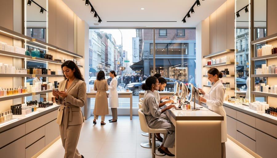 Shoppers’ hands examining prestige cosmetics testers in a modern beauty store aisle