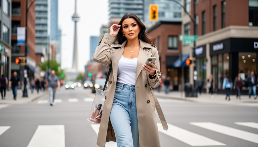 Toronto street-style beauty influencer applying makeup with a handheld mirror in soft daylight