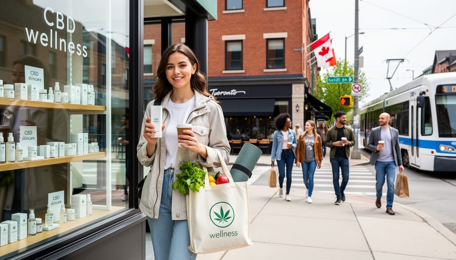 Person outside a wellness boutique holding a reusable tote bag in Toronto at golden hour.